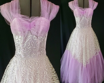 1950s Prom Dress, Lilac Tulle, Cupcake Gown, Vintage Wedding, Bridesmaid, Pageant