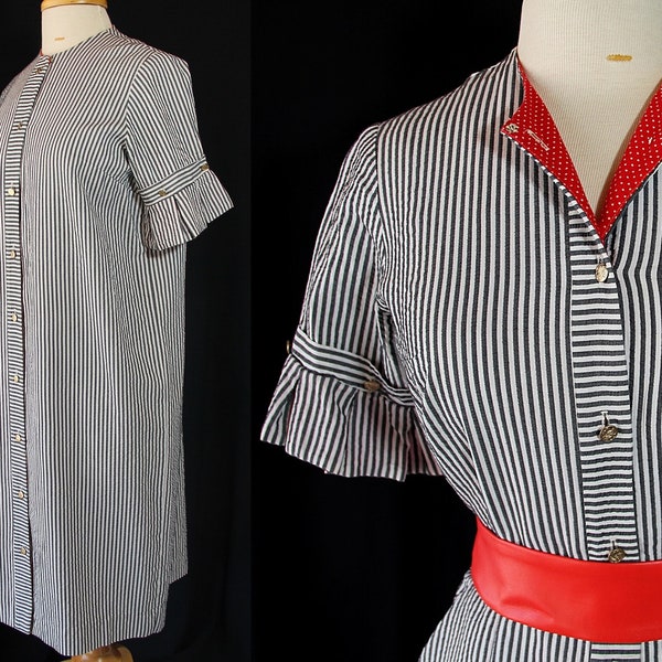 1960s Maternity Dress, Seersucker Stripes, Red Polka Dot, Toni Lynn, Smock Dress, Shift Dress, Small