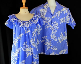 80s Hilo Hattie Hawaiian, Couples Set Mu Mu, Shirt. His and Her, Wedding Set, Resortwear, Tropical, Beach, Cruise, Tiki