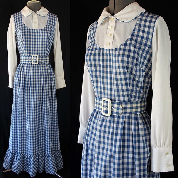 70s Maxi Dress, Gingham, Boho, Sears, Prairie, School Girl, Dorothy of Oz, Check