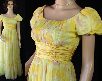 60s 70s Maxi Dress, Sheer, Mod, Puff Sleeve, Scoop Neck, Yellow Bridesmaid, Vintage Wedding