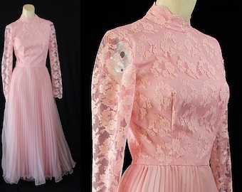 70s Prom Dress, Barbie Pink, Pleated Chiffon, Pink Lace, Pink Bridesmaid, Wedding, Bridal, Barbiecore