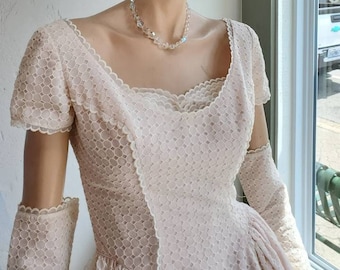 1950s Wedding Dress, Blush Pink, Miriam Originals, Princess Neckline, Lace, Fingertip Sleeves, Shelf Bodice, Barbiecore