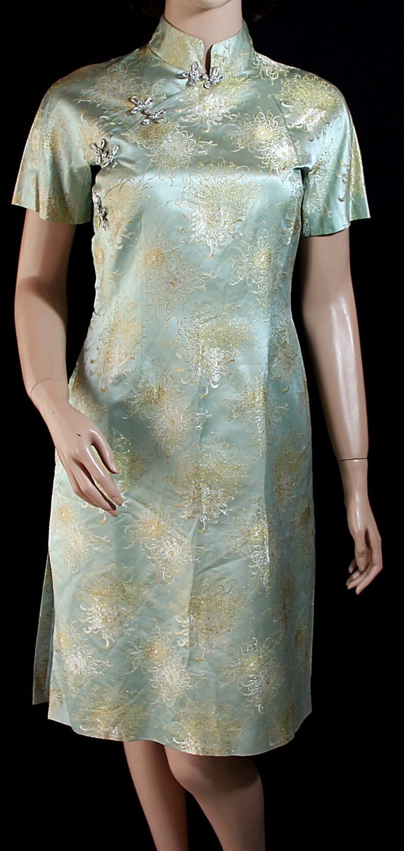 Oriental Coat Metallic Gold Silver Separates 50s Cheongsam Dress Pale Blue