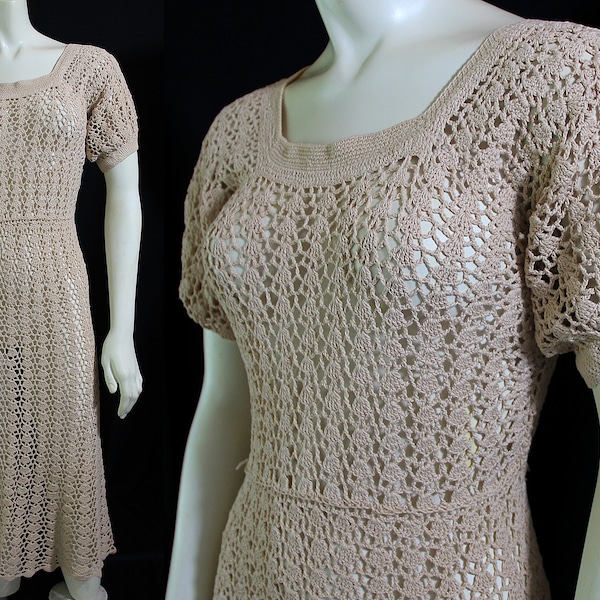 1930s 40s Crochet Dress, Cottagecore, Sweaterdress, Flapper Style, Handmade