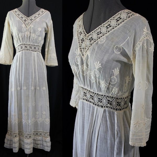 Antique Dress, Edwardian, Lawn Dress, Philipsborn, Vintage Wedding, Made in Chicago, Embroidered, Antique Lace