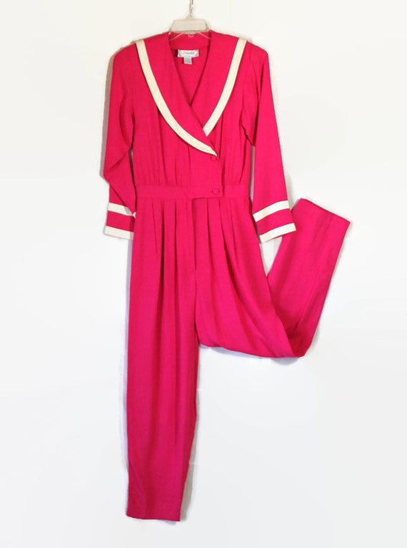 80s Jumpsuit, Hot Pink, Nautical, Sailor Collar, W