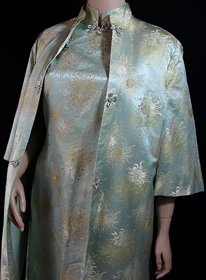 Oriental Coat Metallic Gold Silver Separates 50s Cheongsam Dress Pale Blue
