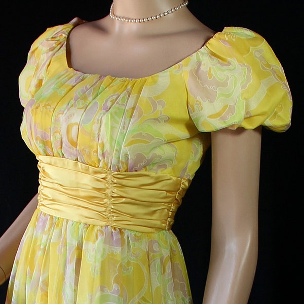 Vintage 70s Chiffon Maxi Dress, Yellow Cummerbund, XXS