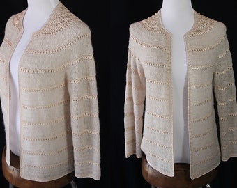 70s 80s Crochet Sweater, Hairpin Lace, Friendly, Handmade, Beige, Open Front