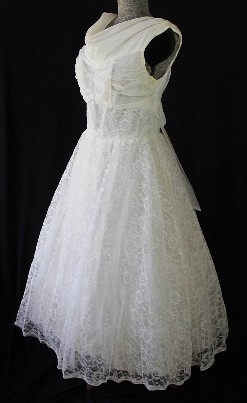 50s 60s Dress, White, Knee Length Bridal Gown, Vintage Bride, Cocktail Dress, Chiffon Lace, Wedding Gown Bild 5