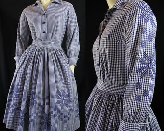 50s 60s Patio Dress Blouse Skirt Set, Navy Gingham, Shirtwaist, Rockbilly Swing, Country Girl, Petite