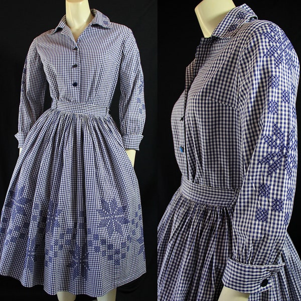 50s 60s Patio Dress Blouse Skirt Set, Navy Gingham, Shirtwaist, Rockbilly Swing, Country Girl, Petite