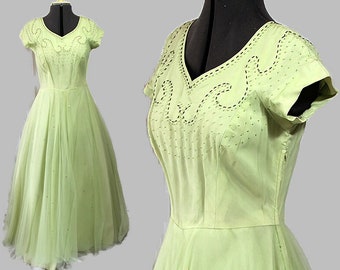 1950s Prom Dress, Party, Evening Gown, Pale Green, Beaded, Star Sequins, Vintage Wedding, Bridal, Bridesmaid