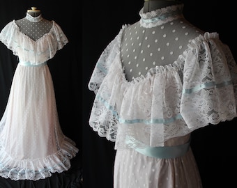 70s 80s Southern Belle Dress, White Wedding, Prom, Lace Maxi, Reenactment, Cottagecore,