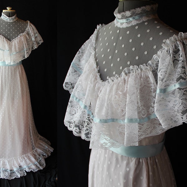 70s 80s Southern Belle Dress, White Wedding, Prom, Lace Maxi, Reenactment, Cottagecore,