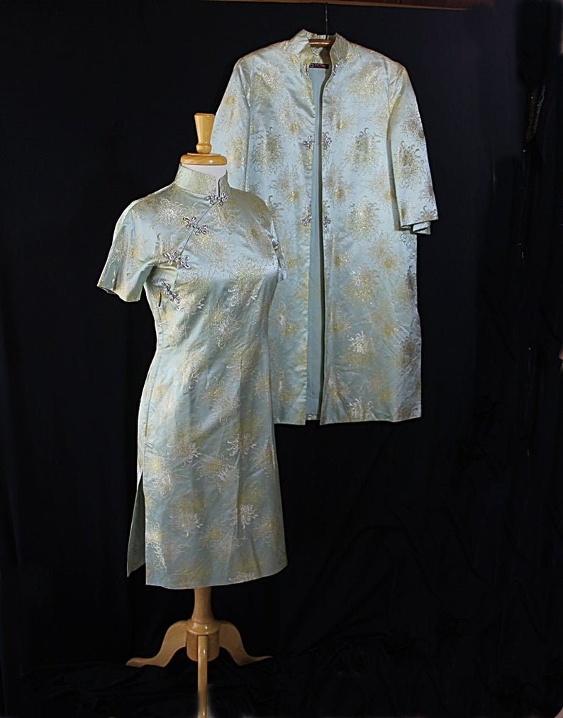 Oriental Coat Metallic Gold Silver Separates 50s Cheongsam Dress Pale Blue