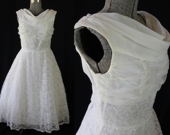 50s 60s Dress, White, Knee Length Bridal Gown, Vintage Bride, Cocktail Dress, Chiffon Lace, Wedding Gown