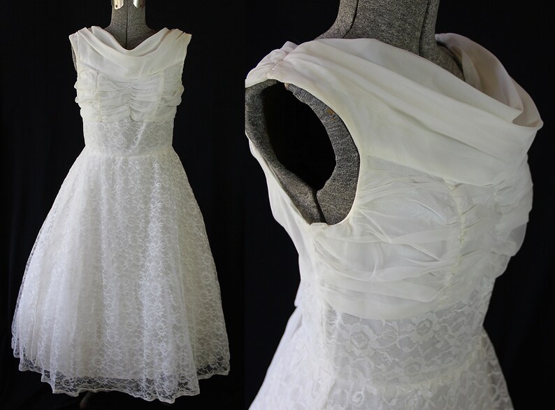 50s 60s Dress, White, Knee Length Bridal Gown, Vintage Bride, Cocktail Dress, Chiffon Lace, Wedding Gown Bild 1