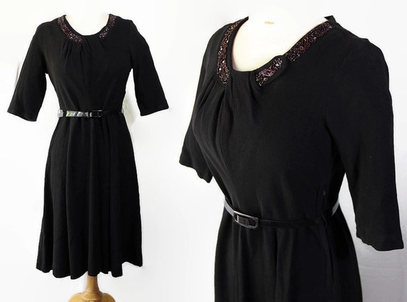 50s Dress, Little Black Dress, Beaded, Rhinestone… - image 1