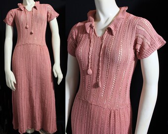 1930s 40s Crochet Dress, Salmon Pink, Cottagecore, Vintage Wedding, Antique Dress