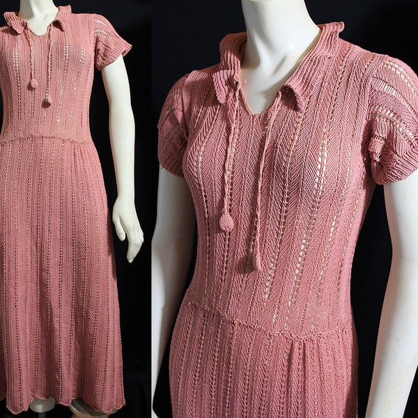 1930s 40s Crochet Dress, Salmon Pink, Cottagecore, Vintage Wedding, Antique Dress