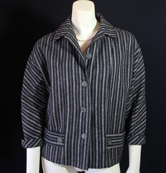 50s Wool Jacket, Striped, Black Grey, Mayfair, Mi… - image 4