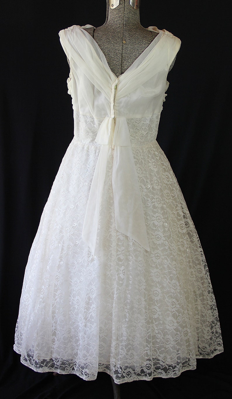 50s 60s Dress, White, Knee Length Bridal Gown, Vintage Bride, Cocktail Dress, Chiffon Lace, Wedding Gown Bild 8