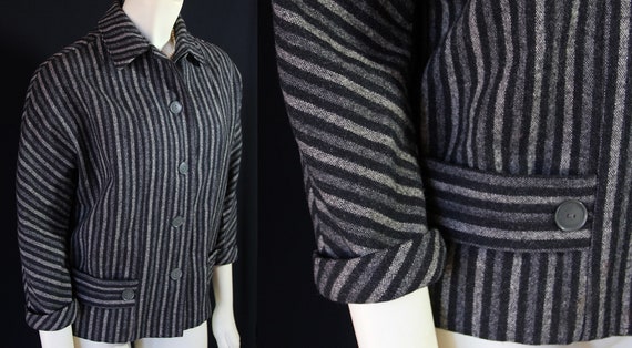 50s Wool Jacket, Striped, Black Grey, Mayfair, Mi… - image 1