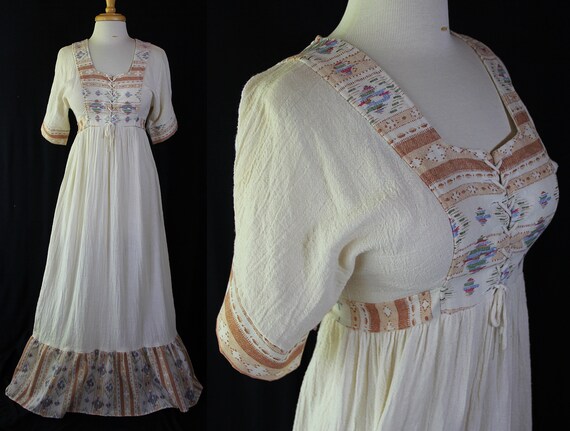 70s Maxi Dress, Boho Hippie, Tie Front Bodice, Fes