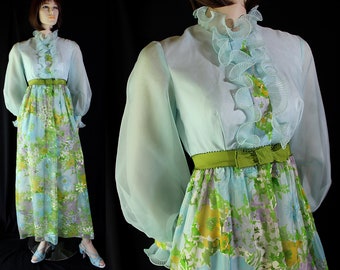 70s Sylvia Ann Maxi Dress Flower Power Ruffles Sheer Blue Green Wedding Bridesmaid