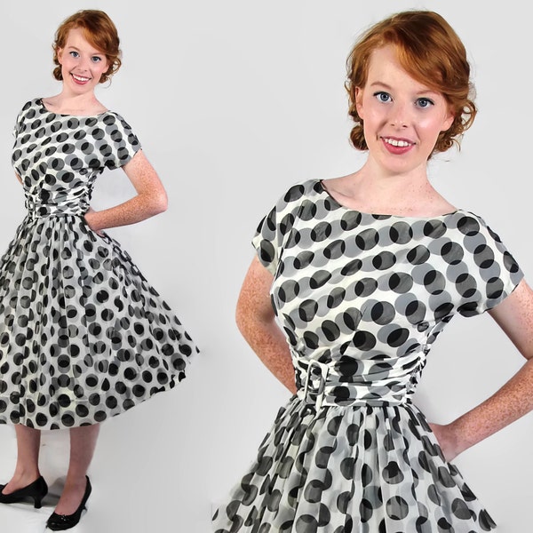 ON SALE 50s 60s Polka Dot Dress, Harco Original, Black and White, Party, Vintage Wedding