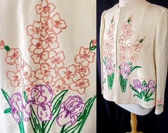 Embroidery Jacket, Needlework, Iris, Floral, Handmade, Vintage Embroidered, Spring Jacket Blazer