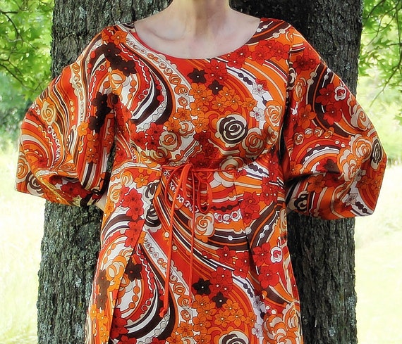 1960s 70s Caftan, Mod, Psychedelic, Wrap Dress, H… - image 1