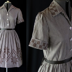 60s Gingham Shirtwaist Dress, Embroidered, Border Print, Handmade Vintage, Rockabilly, Housewife, Skater, Fit and Flare