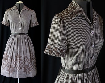 60s Gingham Shirtwaist Dress, Embroidered, Border Print, Handmade Vintage, Rockabilly, Housewife, Skater, Fit and Flare