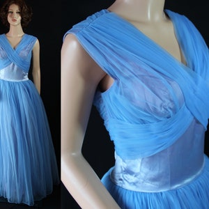 50s 60s Formal Gown, Blue Nylon, Cupcake Dress, Satin, Tulle Petticoat, Vintage Wedding, Prom, Party