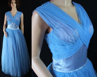 50s 60s Formal Gown, Blue Nylon, Cupcake Dress, Satin, Tulle Petticoat, Vintage Wedding, Prom, Party