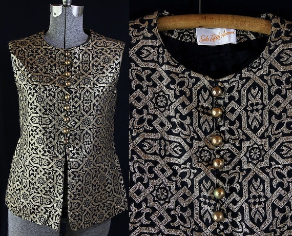 60s 70s Mod Vest, Tunic, Gold Metallic, Rocker Ch… - image 1