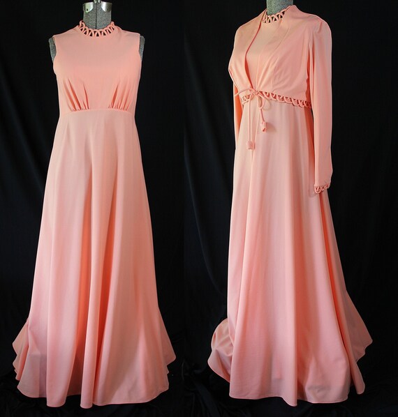 70s Maxi, Boho Wedding, Coral, Bolero Jacket, 70s