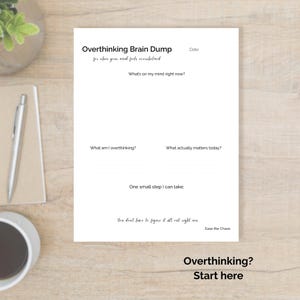 May include: A white journal titled "Overthinking Brain Dump" with prompts to help manage thoughts. The journal includes sections for writing about current thoughts, overthinking, and actionable steps. A pen, a cup of coffee, and a plant are also visible.