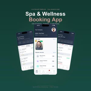 May include: A mobile app interface for a spa and wellness booking service. The app displays appointment scheduling, service details, and user profiles. The design features a clean, modern layout with a dark teal background and white text.