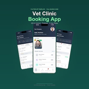 May include: Three smartphones displaying a vet clinic booking app interface. The app features appointment scheduling, user profiles, and service listings. The app's title is "Vet Clinic Booking App" with the text "Flutter App Template - Full Source Code".