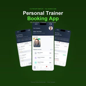 May include: A mobile app interface for a personal trainer booking service. The app displays appointment details, user profiles, and service options. The design features a dark theme with white and green accents, showcasing the app's features on three smartphone screens.