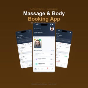 Puede incluir: Tres smartphones que muestran una aplicación de reserva de masajes y tratamientos corporales. La interfaz de la aplicación es de color azul oscuro y blanco, con opciones para reservar citas y ver servicios. El título de la aplicación es "Massage & Body Booking App".