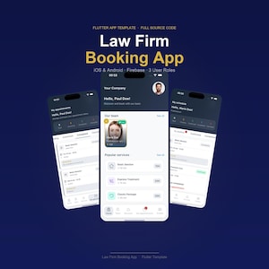 Puede incluir: Tres smartphones que muestran la interfaz de una aplicación de reservas para un bufete de abogados. La aplicación incluye programación de citas, perfiles de usuario y listados de servicios. Diseño limpio con fondo azul oscuro y texto blanco.