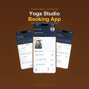 May include: A mobile app interface for a yoga studio booking app. The app displays appointment details, schedules, and service options. The app's interface is displayed on three smartphones against a brown background. The app's name is "Yoga Studio Booking App".