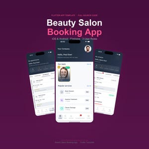 May include: A mobile app interface for a beauty salon booking system. The app displays appointment details, user profiles, and service options. The app's design is clean, with a purple background and white text. The app's name is "Beauty Salon Booking App".