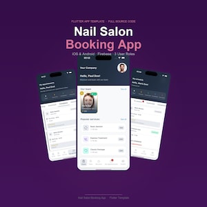 Puede incluir: Tres smartphones que muestran la interfaz de una aplicación de reserva de salón de manicura. La aplicación presenta programación de citas, listados de servicios y perfiles de usuario. El título de la aplicación es "Nail Salon Booking App".