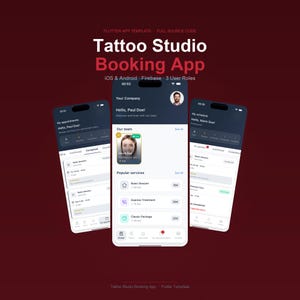 May include: Three smartphones displaying a tattoo studio booking app interface. The app features appointment scheduling, user profiles, and service listings. The app's interface is white and dark blue with the text "Tattoo Studio Booking App".